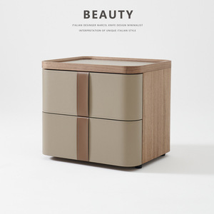 Table de chevet minimaliste italienne en bois massif avec rangement en cuir pour chambre à coucher - Product Image 5
