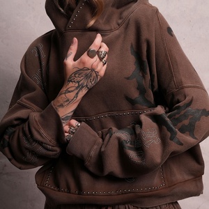 OEM Custom Rhinestone Studded Gothic <strong>Grunge</strong> Oversized Streetwear Sweatshirt Heavyweight Vintage Washed Brown Cropped <strong>Hoodies</strong> Men - Product Image 2