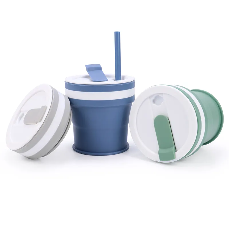 Taza de silicona plegable portátil reutilizable para exteriores, taza de café de agua de silicona plegable retráctil, taza de viaje plegable con tapa y pajita