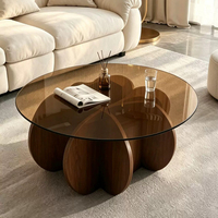 Table basse multifonctionnelle Wabi Sabi à base florale pour salon, plateau rond en verre trempé ambré résistant aux rayures, quatre pétales en MDF