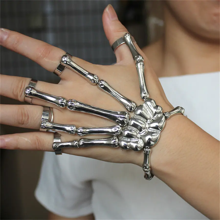 Gothic Halloween Skull Skeleton Metal Fingers Hand Bone Bracelet with Adjustable Ring Wristband Handmade Punk Jewelry