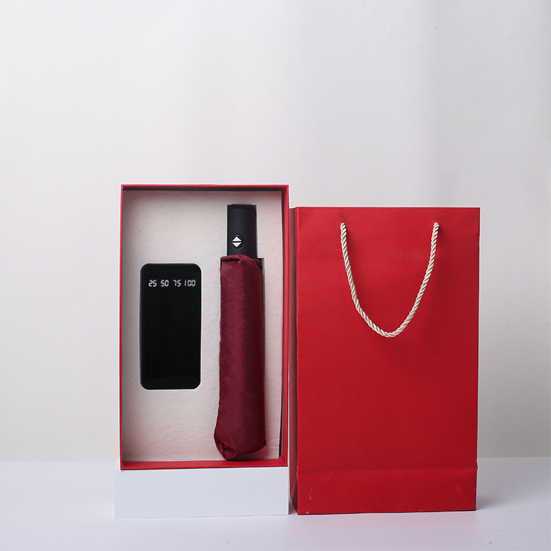 Parapluie automatique avec batterie externe, avec couvercle haut et bas, boîte-cadeau-rouge