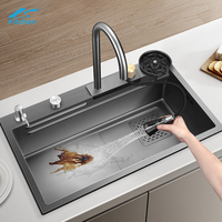 Prix usine au-dessus du comptoir Nano noir bassin fait main 201 304 évier de cuisine en acier inoxydable bassin cascade multifonctionnel