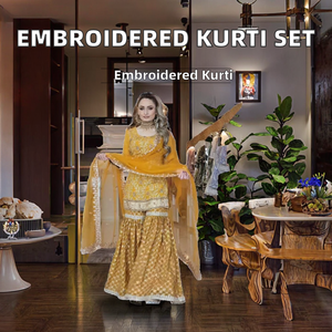 ชุดชาราร่า การาร่า คุรตี ปักลายแบบอินเดียดั้งเดิมสำหรับฤดูหนาว ผ้าจอร์เจตต์ ดีไซน์เนอร์ชาวปากีสถาน รับตัดเย็บตามสั่ง เสื้อผ้าชาติพันธุ์ - Product Image 2