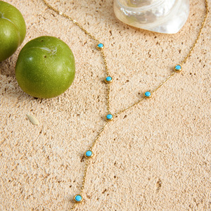 Collier en acier inoxydable plaqué or 18 carats avec turquoise, chaîne en Y, serti clos, style classique, bijou cadeau - Product Image 4