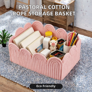 Panier de rangement en corde rose, bac de rangement rectangulaire, bord festonné, support multifonctionnel pour cosmétiques, jouets, articles divers - Product Image 2