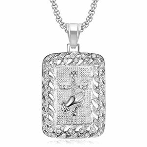 Hip Hop Gold Plated Buddha Hand Cross Pendant Necklace With Diamond Inlay For Everyday Wear - Product Image 4