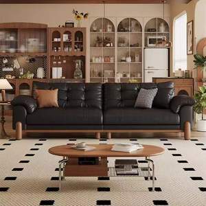 Retro Genuine Leather Sofa Dark Green Tufted Straight Design Living Room Furniture Oil Waxed Top Grain Cowhide - Product Image 4