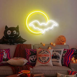 Lampes LED néon Lune et chauve-souris pour décoration murale, décoration d'Halloween, décoration de salle de jeux, art mural chauve-souris Halloween - Product Image 1