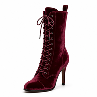 Bottes mi-mollet en velours bordeaux à lacets pour femmes, talons aiguilles hauts, chaussures de mode pour boutiques et détaillants