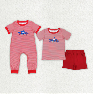 Ready To Ship Baby Boy Outfit Airplane Embroidery Red Striped Short Sleeve Zipper Romper - Product Image 1