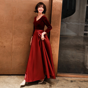 Wine Red V Neck Long Evening Gown A Line Natural Waist Burgundy Satin Formal Dress For Wedding Reception Banquet - Product Image 1