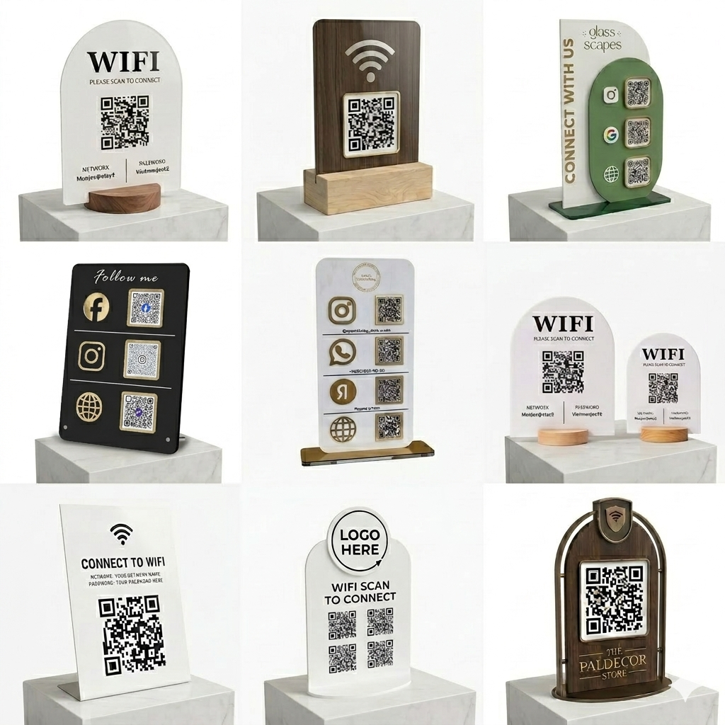 Custom Acrylic QR Code Tabletop Stand Social Media WiFi Business Sign Cafe Restaurant Boutique Metal Wood Branded Unit Apache — view 2