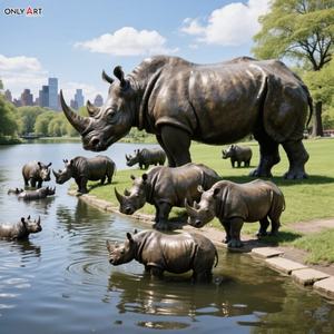 Personalizado al Aire Libre Parque de la ciudad decoración pública moderna grande fundición de bronce Animal escultura tamaño real rinocerontes familia estatua de bronce - Product Image 1