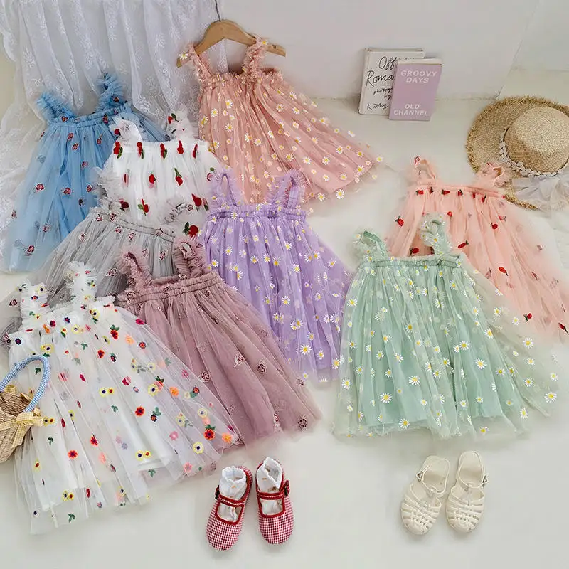 Vestido de suspensórios de margarida bordado floral para meninas, vestidos casuais de tule sem mangas com alças, tutu de verão para bebês e meninas