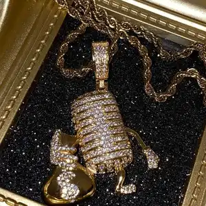 Ожерелье rapper мужское позолоченное Латунное сверкающее ожерелье с подвеской с микрофоном сверкающие бриллиантовые подвески для ожерелья