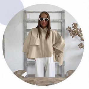 Chemise boutonnée en popeline beige pour femme avec manches ballon, coupe ample asymétrique, style minimaliste, haut uni à manches longues - Product Image 3