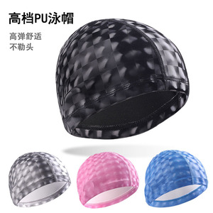 Gorro de natación a cuadros gris, impermeable, con protección para los oídos, cómodo para adultos, hombres, cabello largo - Product Image 3