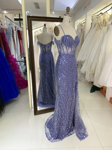 Bụi Màu Xanh Long Lanh Tắt Vai Không Tay Nàng Tiên Cá Corset Dây Kéo Up Trở Lại Prom Evening Phụ Nữ Dresses - Product Image 5