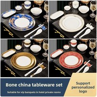 Service de vaisselle moderne et minimaliste en céramique haut de gamme de Jingdezhen avec incrustations dorées, comprenant bols, sous-plats et assiettes, spécial pour hôtels, restaurants et cadeaux, vente en gros