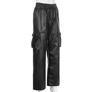 Pantalones Cargo de Cuero para Mujer, Estilo Urbano, Cintura Alta con Cordón, Corte Ancho, para Moda Casual y Urbana - Product Image 5