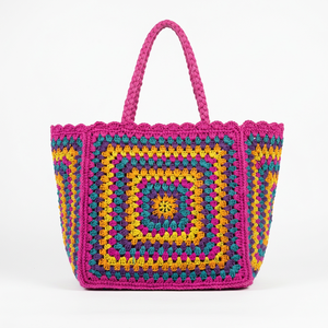 Bolso de mujer bohemio de rafia tejido a crochet con patrón geométrico, bolso de compras de verano con dos asas, cierre abierto, rosa multicolor - Product Image 2