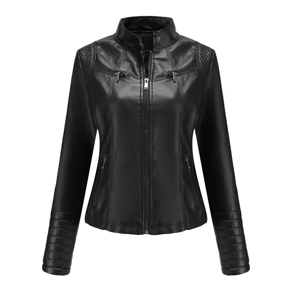 2022 Women's PU Leather Clothing Jackets Turn-down Collar Zipper Ladies Spring And Winter Long Sleeves Coats