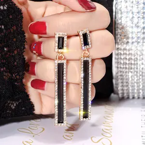 HOVANCI Sparkling Long Geometric Oblong Pendant Earrings Silver Needle Shinny Diamond Crystal Earrings For Lady Girls