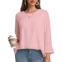 OEM ODM Blouses et Chemises pour Femmes, Style Prairie Chic, Col Rond, Double Couche, à Œillets, Coupe Ample, Manches Chauve-Souris, Élégantes et Charmantes, pour Tunique et Hauts