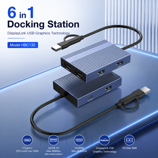 6-in-1 DisplayLink USB-C/A Aluminum Docking Station with Dual 4K+60Hz for 100W PD Charging 3xUSB2.0 Ports in Stock
