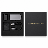 Boîte cadeau d'accessoires technologiques Leabon Black Tech avec insert en EVA floqué, logo personnalisé doré, emballage électronique, vente en gros, usine