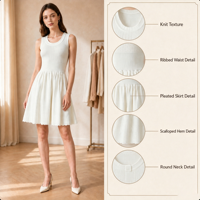 Nouvelle Robe Courte Tricotée Blanche Élégante et Ajustée à Col Rond Sans Manches avec Découpes, Coupe Trapèze, Tendance Quotidienne pour Femme – Collection Été 2026