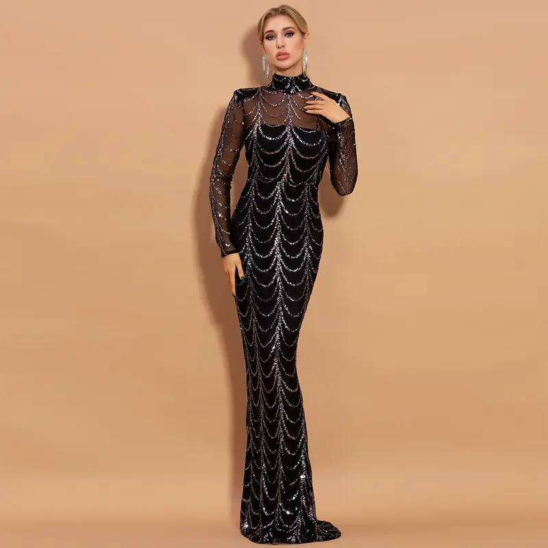 ZYHT DR0240 High Quality Beaded Stripe Sequin Dress Mesh See Through Sexy Party Formal Dress Gowns for Women Evening Dresses