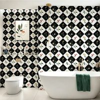Wallpaper Retro Hitam Putih Motif Kotak-kotak Bunga Stiker Dinding Perekat Sendiri Tahan Air untuk Dekorasi Rumah