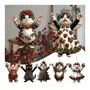 2025 Rose Flower Kitten Car Pendant for Rearview Mirror Cute Cartoon Cat Pendant Rose Flower Acrylic <b>Keychain</b> Valentine's Gift - Product Image 1