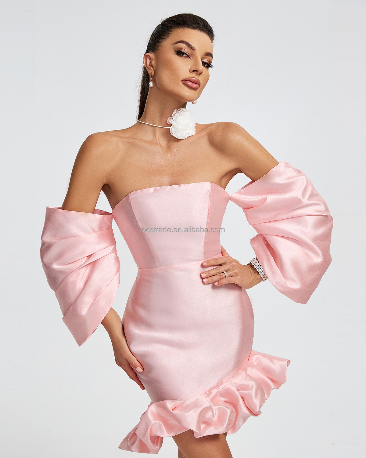 elegant pink cocktail dress Coco Strapless Pink Floral Midi Cocktail Dress main image 1