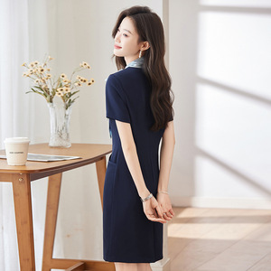 Professional Sheath Dress Dark Blue Tie Neck Solid Color Polyester Career Wear for Receptionists Customer Service Staff - Product Image 4
