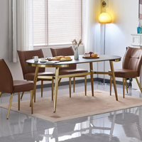 Meja Makan Modern Terlaris, Dapat Diperpanjang, Permukaan Batu Sinter, Kaki Baja Anti Karat Berlapis Emas, Cocok untuk Apartemen dan Hotel