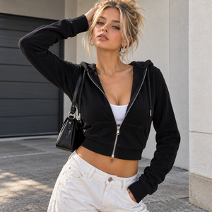Custom <b>women</b> cropped zip up hoodie long sleeve hood ribbed cuffs hem solid <b>black</b> slim casual streetwear ladies <b>fleece</b> jacket - Product Image 2