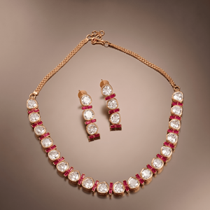 Rose Gold Plated Uncut Kundan Choker <b>Necklace</b> Set with <b>Ruby</b> Red Stones and Matching Drop Earrings for Bridal Wedding Wear - Product Image 2