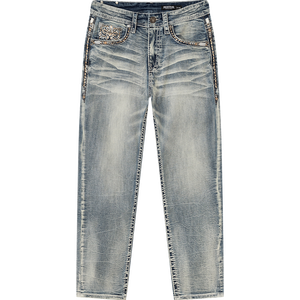 Jeans de mezclilla para hombre, de corte recto, con bordado, lavados, de cintura media, de algodón, de moda. - Product Image 1