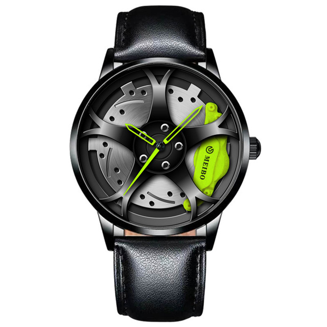 Creative Design Cool Sport Leather Strap 3D Rim Watch Skeleton Quartz Men's Car Wheel Watch