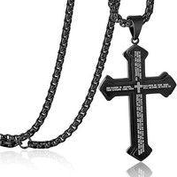 Collier croix en acier inoxydable pour homme, gravé d'un verset biblique, pendentif croix double couche, bijoux religieux chrétiens, cadeau
