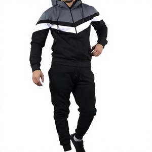 <b>Men</b> Color Blocking Hooded Tracksuit Full Sleeve Drawstring Closure Casual Winter Solid Black Gray <b>White</b> 100% Cotton <b>Joggers</b> Set - Product Image 1