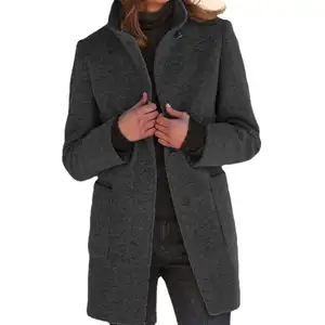 2023秋冬女装新款实心纽扣立领外套纯色纽扣领羊毛外套