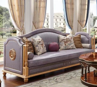 Canapé antique de luxe italien en cuir véritable sculpté, style villa française, avec revêtement en tissu violet, pour école
