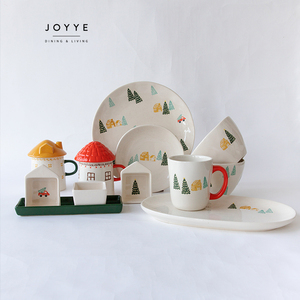 Joyye Giáng Sinh Tiểu Bộ Đồ Ăn Thiết Lập Với Handpainted Cây Giáng Sinh Đặt Bữa Ăn Tối Và Mái Nhà Có Hình Dạng Cốc Gốm Đồ Ăn - Product Image 6