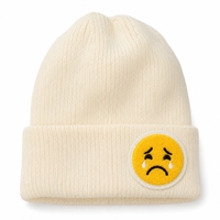 Crying Face Patch Rib-Knit Cuffed Beanie Ivory White Casual Street Hat