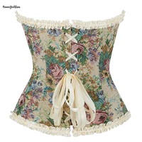 Corsette beige et noire pour femme, style victorien, avec dentelle au dos, plissée florale, baleinée, maintien ferme, grandes tailles XS-XXL