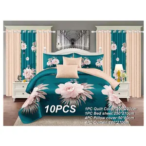 Set tempat tidur tirai poliester, 10 buah motif tanaman bunga besar hijau, Set tempat tidur